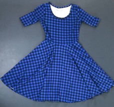 Retro Blue Black Checkered A-Line Swing Dress S Plaid Gingham Mod Rockab... - $8.91