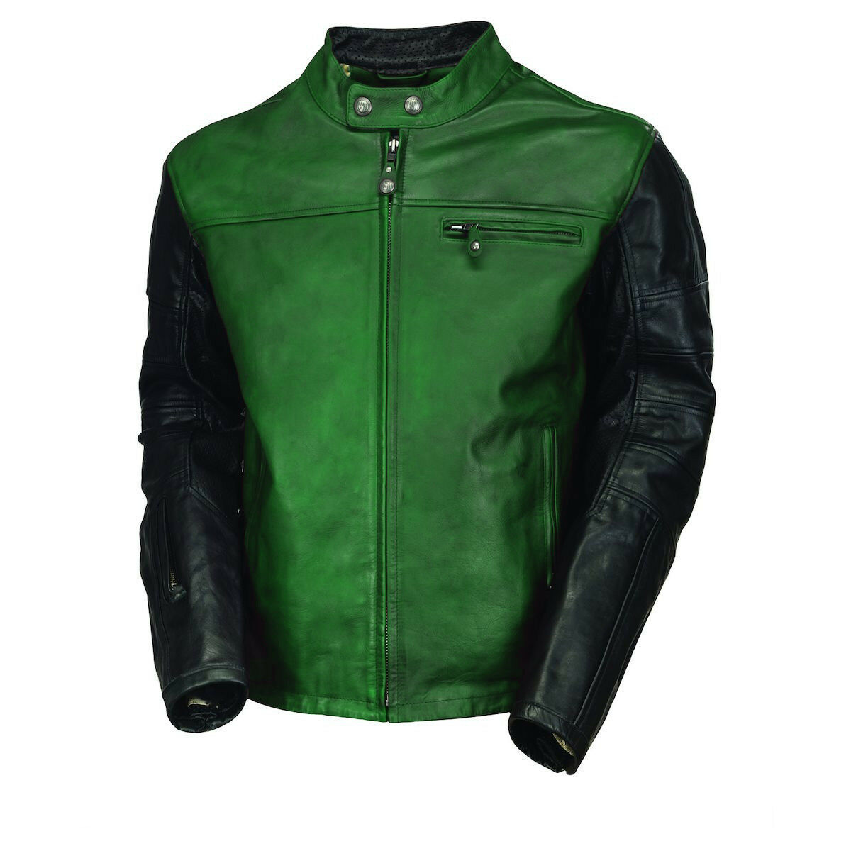 Customized Men Black Green Motorcycle Racing Genuine Leather Safety Pads jacket