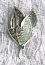 Textured Enameled Silver-tone Blue Rhinestone Leaf Brooch 1960s vintage 2 3/8&quot; - £9.83 GBP