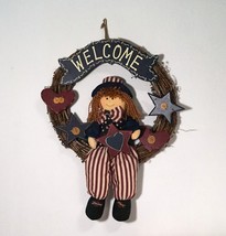 Patriotic Welcome Wreath with Plush Doll Wooden Hearts and Stars - £15.70 GBP