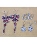 Lot of 3 Crystal Silver Earrings--Horseshoe, Butterfly, Snowflake - £10.51 GBP