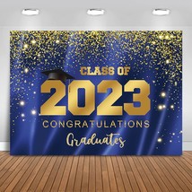 2023 Graduation Party Backdrop Class Of 2023 Blue Gold Glitter Background Congra - £24.29 GBP