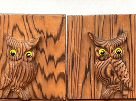 Vintage Pair Owl Bookends Hand Carved Wood Glass Eyes Folk Art Rustic Cabin - £30.32 GBP