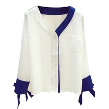 Women&#39;s V-neck Shirt Long Sleeve White Blue Blouse Female 2021 Spring New Korean - £96.94 GBP