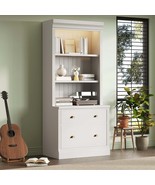83.4&quot; LED Bookshelf: Modern White Bookcase, 2 Drawers, 3 Open Shelves - $9,407.32 MXN