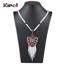 Bohemia Tassel Pendant Necklace Vintage Jewerly Gold Color Hand-Beaded Stone Sus - £10.38 GBP