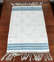 3 Beige Damask Fringed Table Runners Linen Monogrammed M/W Blue Geometric Border - £11.73 GBP