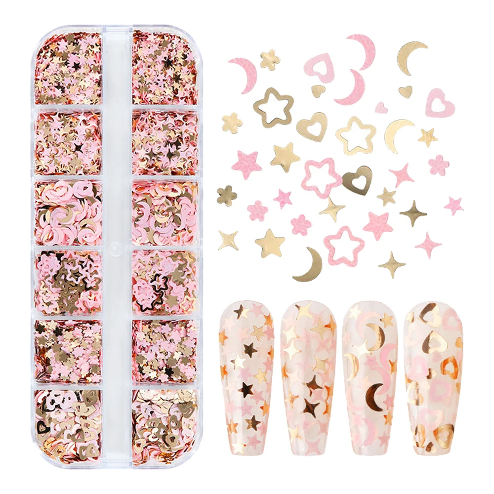 12 Grids Star Nail Art Glitter Sequins, Holographic Star and Moon 3D Pink Nail - £8.56 GBP