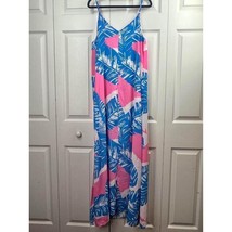 Palms Away Women’s Pink Blue Maxi Dress with Side Kick pleats SZ Medium ... - $33.66