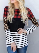 Plaid Print Leopard Splicing Striped Color Block Long Sleeve Top - $7.83