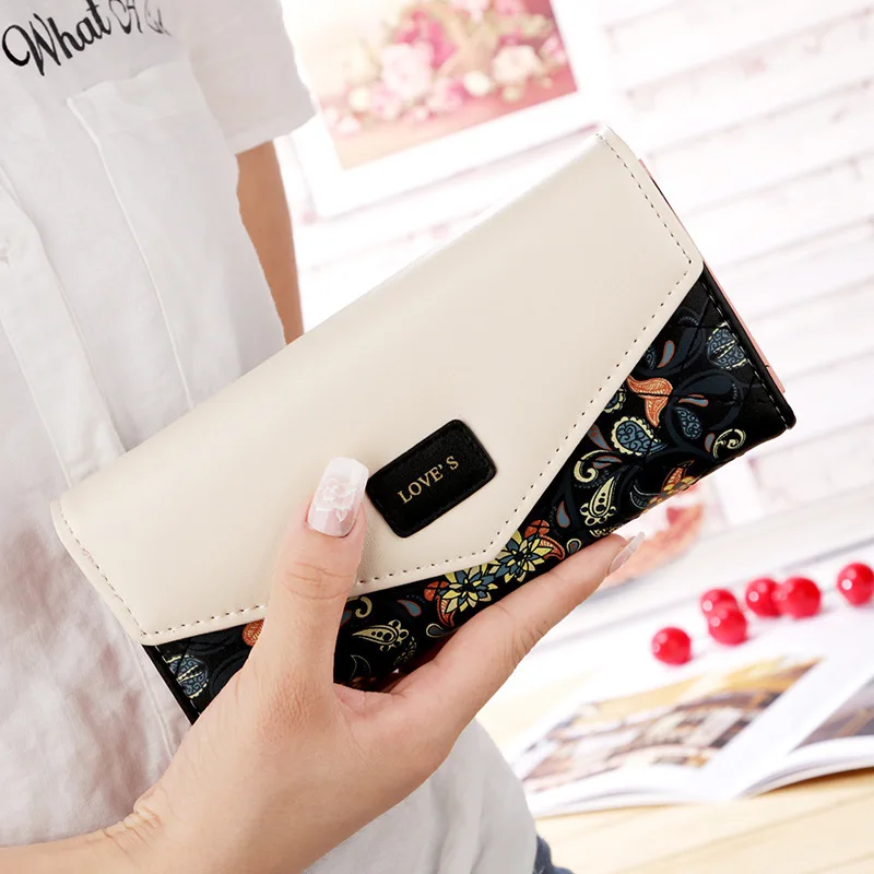 Women Envelope  Long Wallet Hit Color Tri-fold Flowers Printing Female Pu Leathe - $53.83