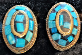 Vintage Plastic? Turquoise Oval Clip On Earrings 1 1/4&quot; x 3/4&quot; - $22.00