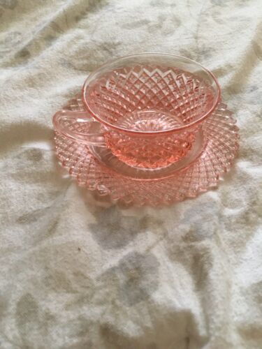 Vintage Hocking Glass Company Miss America Cup & Saucer 1930s Pink Diamond - $18.00