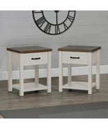 Nightstand Set of 2 Farmhouse Oak Top 1-Drawer Ivory Wood Side Tables En... - £91.74 GBP