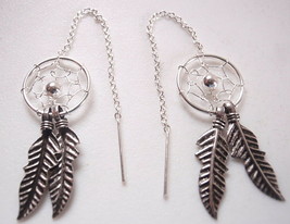 Dream Catcher Threader Earrings 925 Sterling Silver Double Feather - $6.11