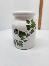 Harris Pottery Of Chicago Utensil Crock Kitchen White Glaze Green Ivy Leaves 7.5 - £20.11 GBP