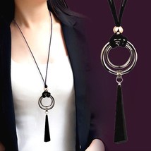 SINLEERY Vintage Black Suede Leather Long Rope Necklace for Women Big Alloy Roun - £14.20 GBP