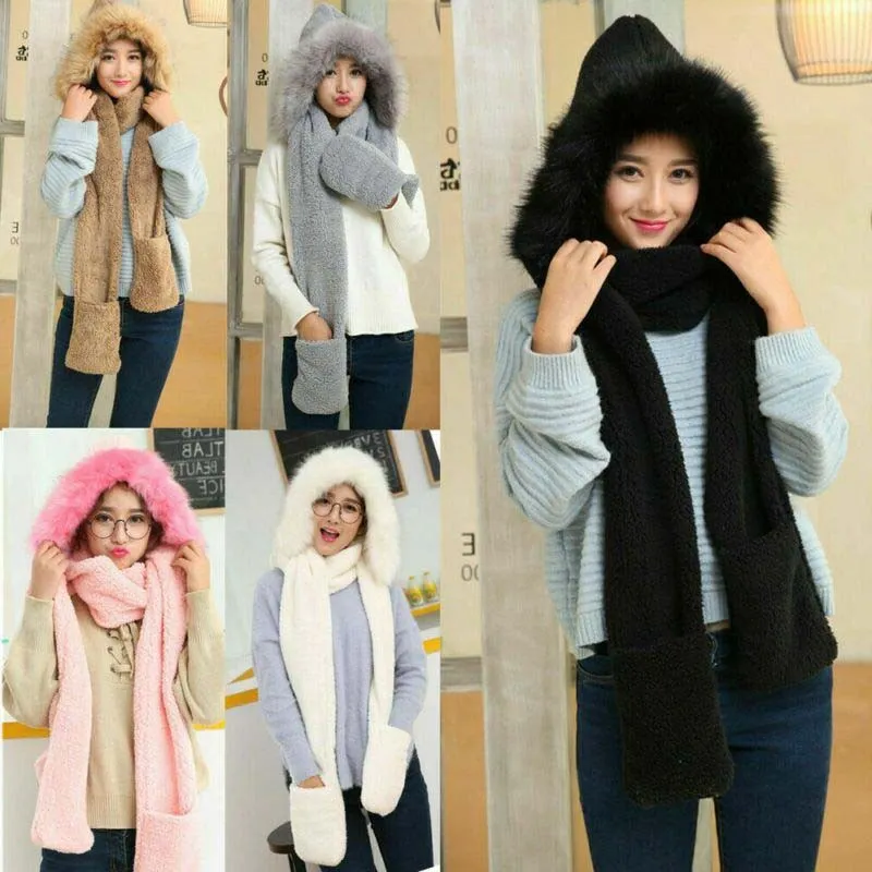 Scarf Hat Winter Warm Women Snood Pocket Integrated Hats Fluffy Gloves Hood - £11.19 GBP