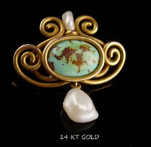 Antique 14kt GOLD brooch - Victorian pin - Turquoise pearl - edwardian jewelry - - £339.72 GBP