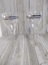 Wine Goblets Champagne Glasses 6 7/8&quot; Stemmed Set of 2 Silver Bands - $19.97