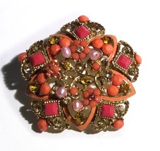 Vintage Signed JHS Star Brooch With Orange Pearls, Rhinestones and Glass - $21.95