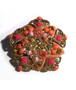 Vintage Signed JHS Star Brooch With Orange Pearls, Rhinestones and Glass - £17.49 GBP