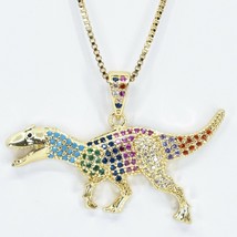 Multi Color Tyrannosaurus Rex T-Rex Dinosaur Pendant &amp; 16&quot; Gold Plated Necklace - £13.37 GBP