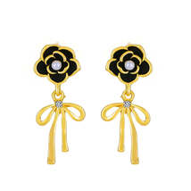 Black Enamel &amp; Pearl Cubic Zirconia-Accent Camellia Bow Drop Earrings - £10.38 GBP