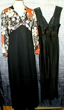 Vintage Celara Knits Red &amp; Black 70&#39;s Floral Long Belted Dress &amp; Lace Slip Sz 12 - £67.42 GBP