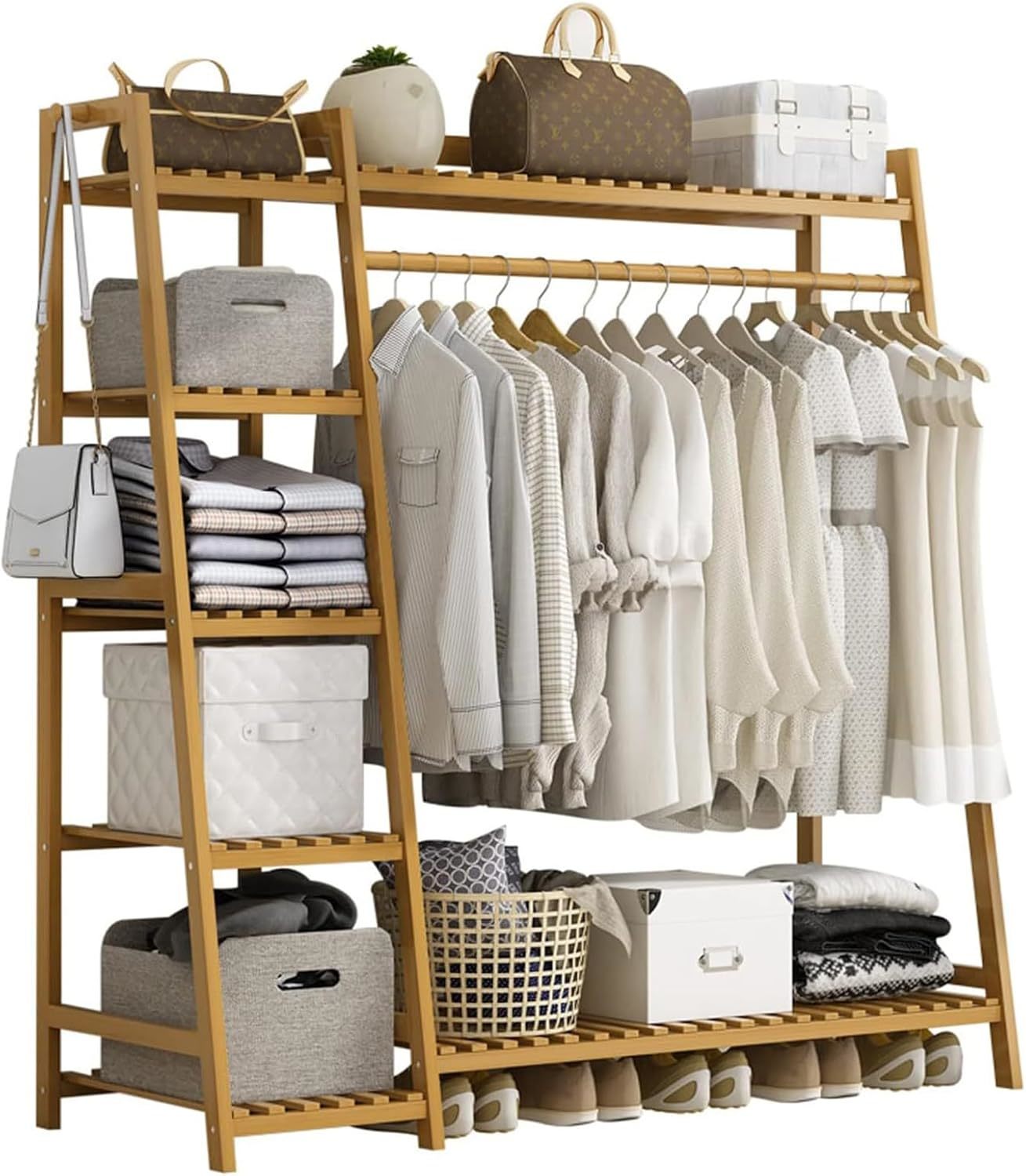 Bamboo Clothing Garment Rack 7 Tier Storage Shelf Coat, Natural - 51.18 In - $103.99