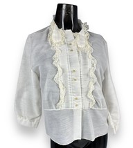 Vintage Ivory Ruffle Front Top Blouse Semi-Sheer High Neck Tuxedo Secretary - £20.58 GBP