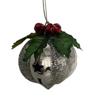 Silver Red and Green Metal Poinsettia Bell Christmas Ornament with Silve... - £6.46 GBP