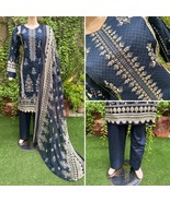 Pakistani Dark Blue Printed Straight Shirt 3-PCS Lawn Suit w/ Threadwork ,M - $68.41 CAD