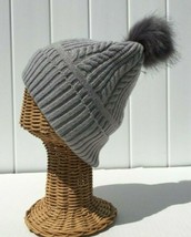 Women&#39;S Beanie Gray Knit Faux Fuzzy Fur Pom Skull Cuffed Cap Stretchy So... - $19.98