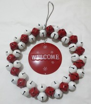 BEAUTIFUL RED &amp; WHITE SHINY WELCOME JINGLE BELL CHRISTMAS WREATH METAL - £27.49 GBP