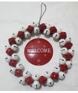 BEAUTIFUL RED &amp; WHITE SHINY WELCOME JINGLE BELL CHRISTMAS WREATH METAL - £27.52 GBP