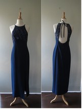 Vintage Y2K Betsy &amp; Adam jersey beaded navy long maxi open back dress fits W28&quot; - £31.65 GBP