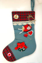 Love Heart Christmas Stocking Applique plaid red / blue - £18.91 GBP