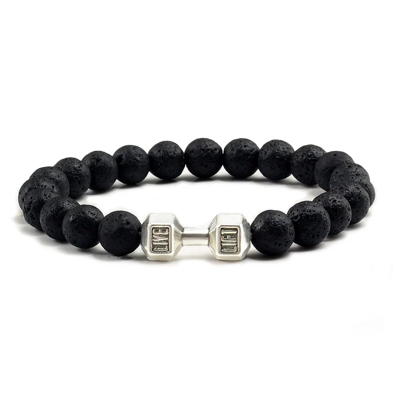 Natural Black Volcanic Lava Stone Dumbbell Bracelet black Matte Beads Bracelets  - £13.50 GBP