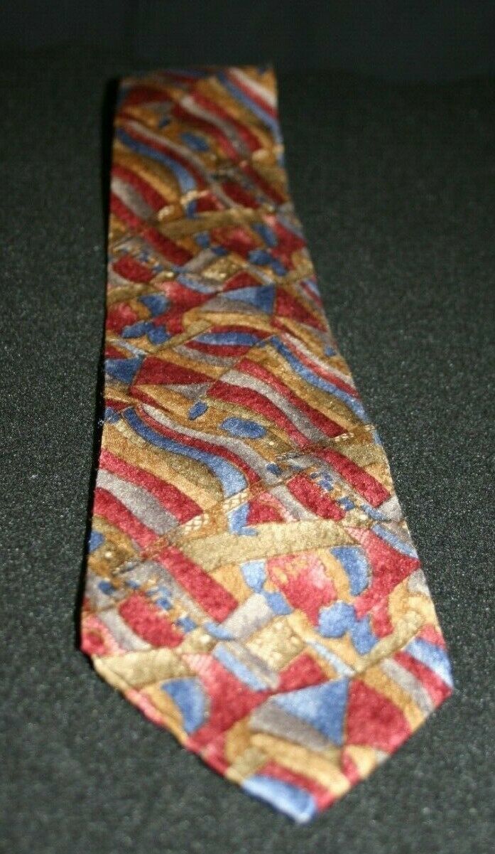 Christian Dior Monsieur Italy Brown Red Blue Silver Gold Pattern Silk Neck Tie - $19.95