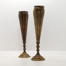 Pair of Anglo Indian Brass Bud Vases, Raj, Hand Etched, Antique  - £54.75 GBP