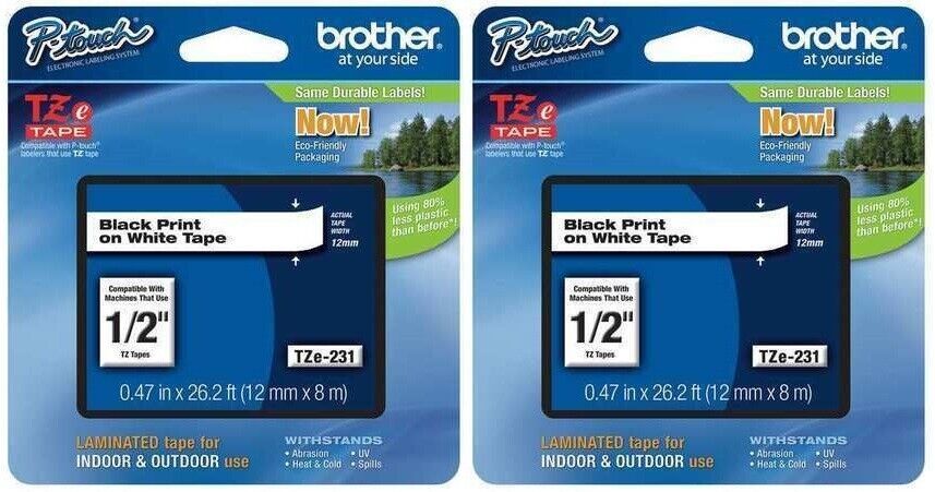 Primary image for (2) Brother Tze231 Adhesive Tz Tape (R) Cartridge 0.47"X26-1/5Ft., Black/White