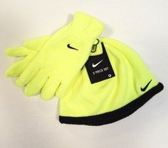 Nike Volt &amp; Black Fleece Beanie &amp; Fleece Gloves Youth Boy&#39;s 8-20 NWT - £17.51 GBP