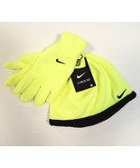 Nike Volt &amp; Black Fleece Beanie &amp; Fleece Gloves Youth Boy&#39;s 8-20 NWT - £17.76 GBP