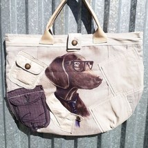 Dog-print shopper bag for a girl in patchwork white and brown recycled raincoat  - £79.38 GBP