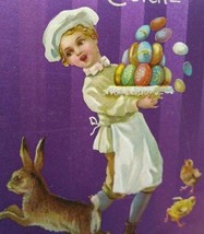 Easter Postcard Zimmerman Purple Linen Stripes Chef &amp; Bunny Series 8003 Unused - £23.45 GBP