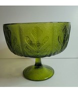 FTD 1975 GREEN GLASS FOOTED DISH  OAK LEAF PATTERN - VINTAGE - $12.00