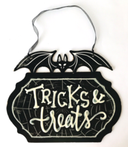 Halloween Door Sign Tricks &amp; Treats Black &amp; White with Vampire Bat 13.5 x 10.75&quot; - $19.34