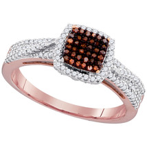 10k Rose Gold Womens Round Red Color Enhanced Diamond Square Cluster Ring 1/3 - £449.58 GBP