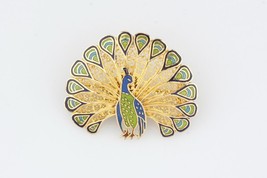 14k Yellow Gold Enamel Peacock Brooch Topazio Gorgeous - $431.27